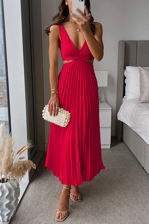 Elegante midi-jurk met geplooide rok en diepe V-hals – LUMINA - Glamorix