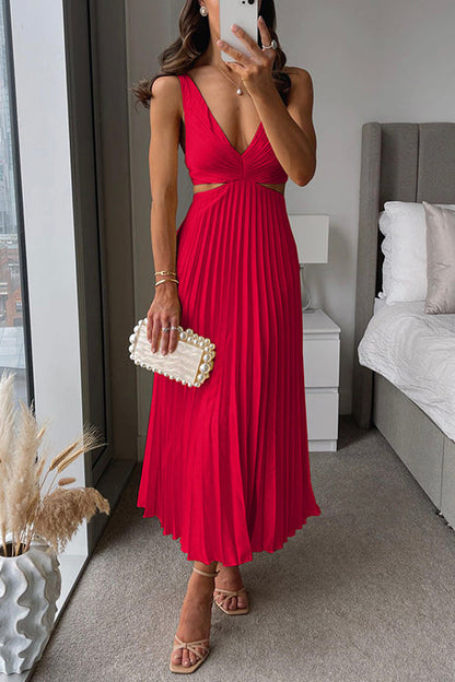 Elegante midi-jurk met geplooide rok en diepe V-hals – LUMINA - Glamorix