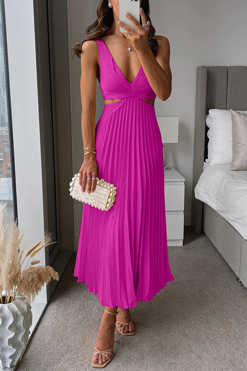Elegante midi-jurk met geplooide rok en diepe V-hals – LUMINA - Glamorix