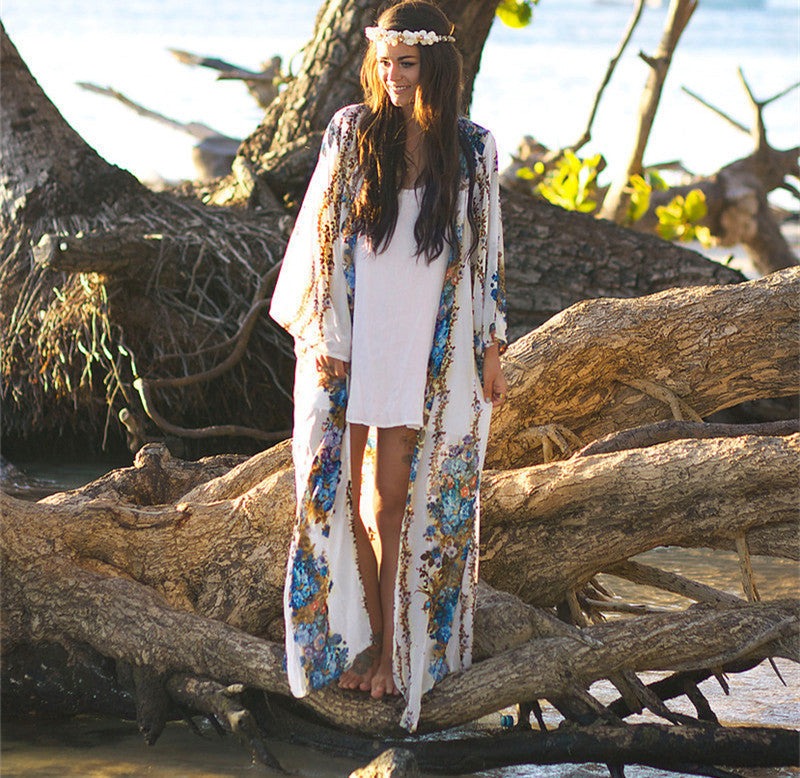 Modieuze lange kimono met sierlijke print en wijdvallende mouwen – ARISHA - Glamorix