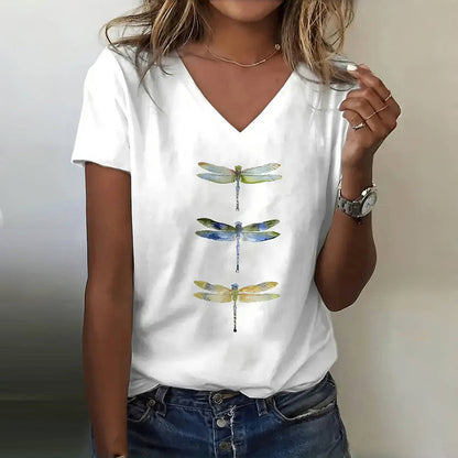 Zacht dames T-shirt met V-hals en libellenprint – MAYLIA WING - Glamorix