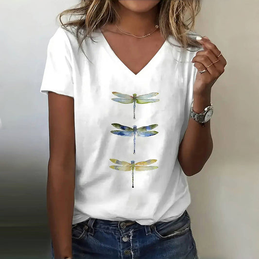 Zacht dames T-shirt met V-hals en libellenprint – MAYLIA WING - Glamorix