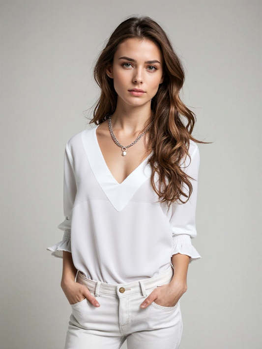 CELINE - Elegante V-hals blouse met lange mouwen