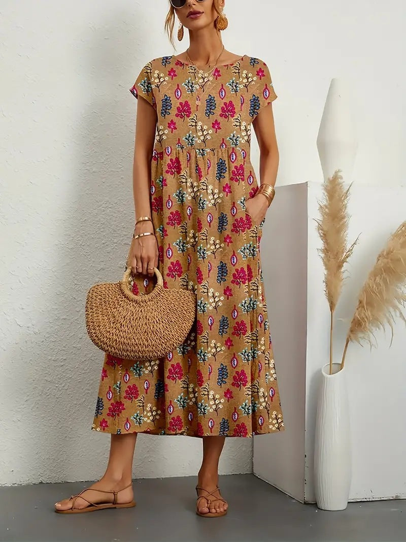 Zita - Dames midi jurk met grafische print en korte mouw - Glamorix