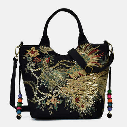Handgemaakte canvas handtas met pauw borduurwerk – Pavone Arte - Glamorix