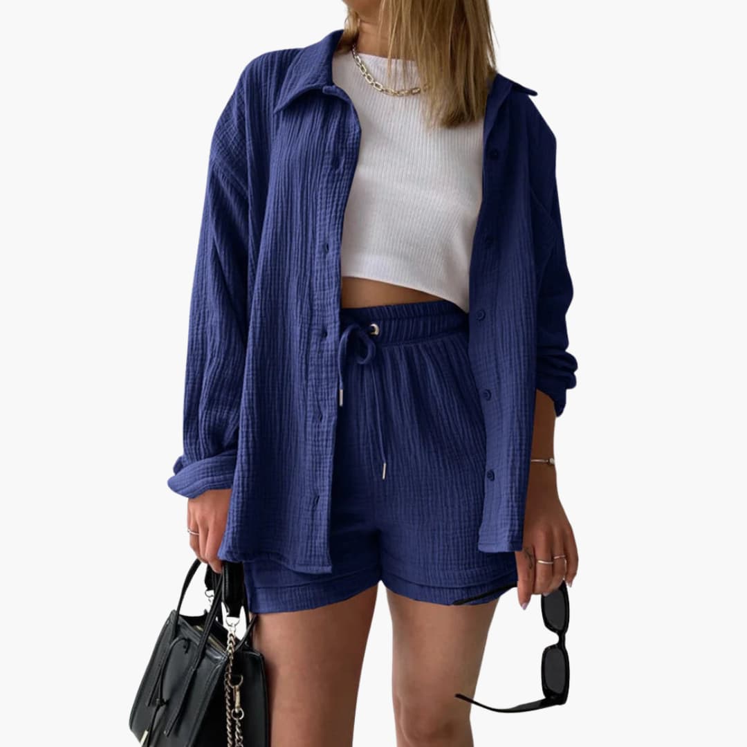 Helga - Dames co-ord set met blouse en short met hoge taille - Glamorix