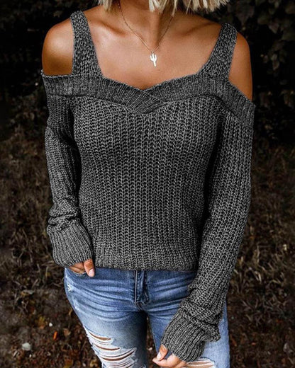 CHILLSTYLE - Chique Pullover met Koude Schouders en Grof Patroon