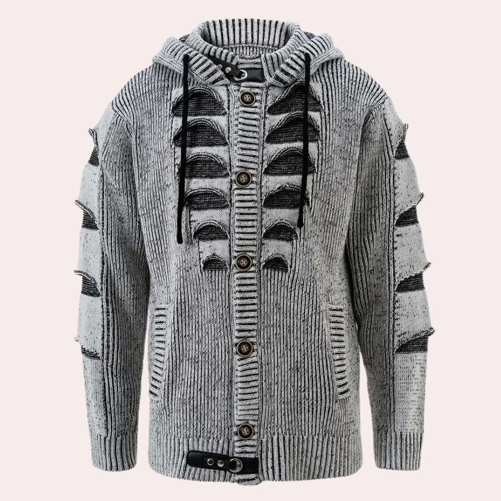 Gebreide heren hoodie met knoopsluiting en ribdetails – RENVARA KnitHood - Glamorix