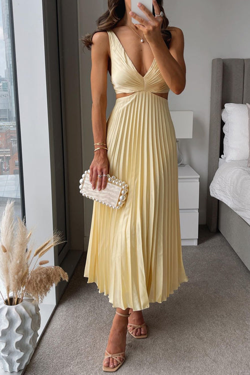 Elegante midi-jurk met geplooide rok en diepe V-hals – LUMINA - Glamorix