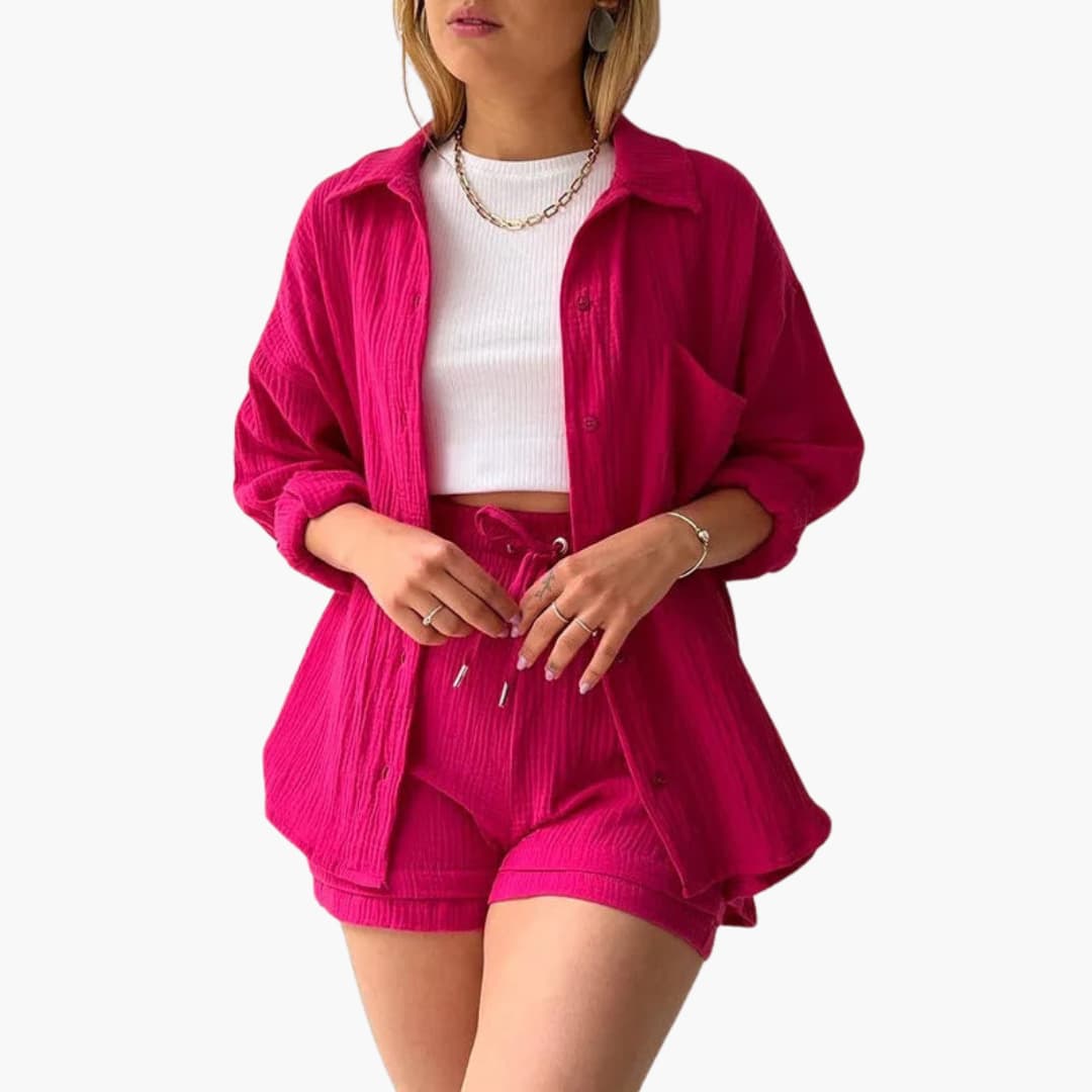 Helga - Dames co-ord set met blouse en short met hoge taille - Glamorix