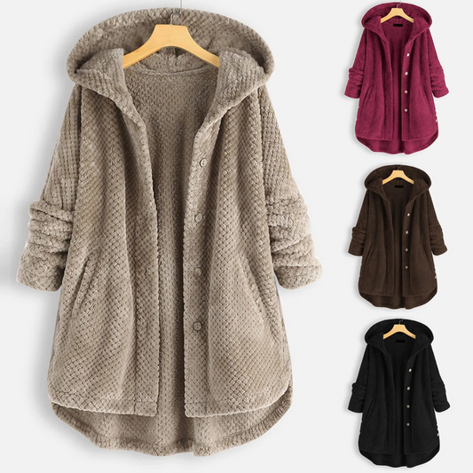 MILA - Oversized teddy jas met capuchon en knoopsluiting voor dames