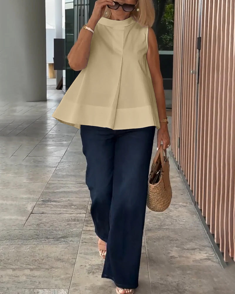 Mouwloze dames top met opstaande kraag en plooidetail – LIVIA HALO - Glamorix