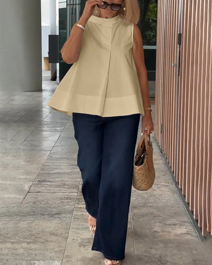 Mouwloze dames top met opstaande kraag en plooidetail – LIVIA HALO - Glamorix