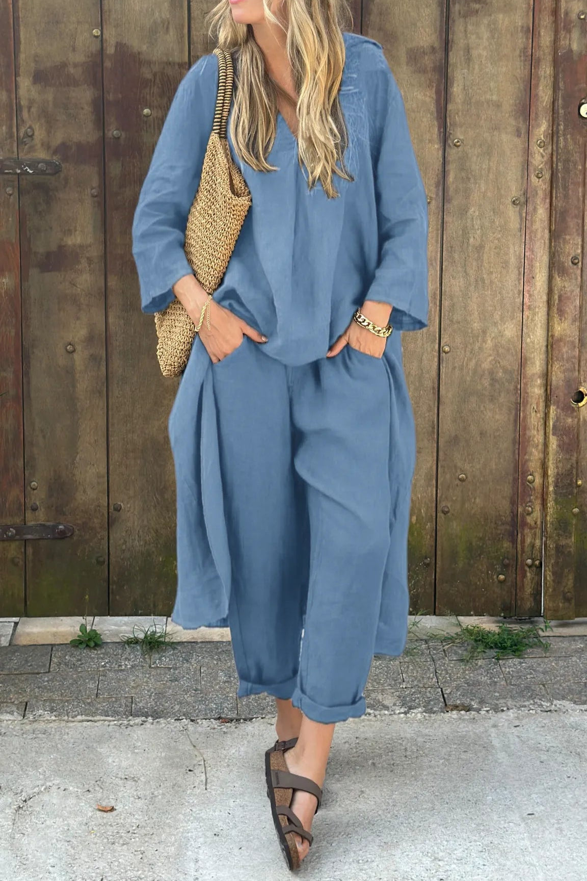 Ylva - Dames co-ord set met losvallende top en rechte broek - Glamorix