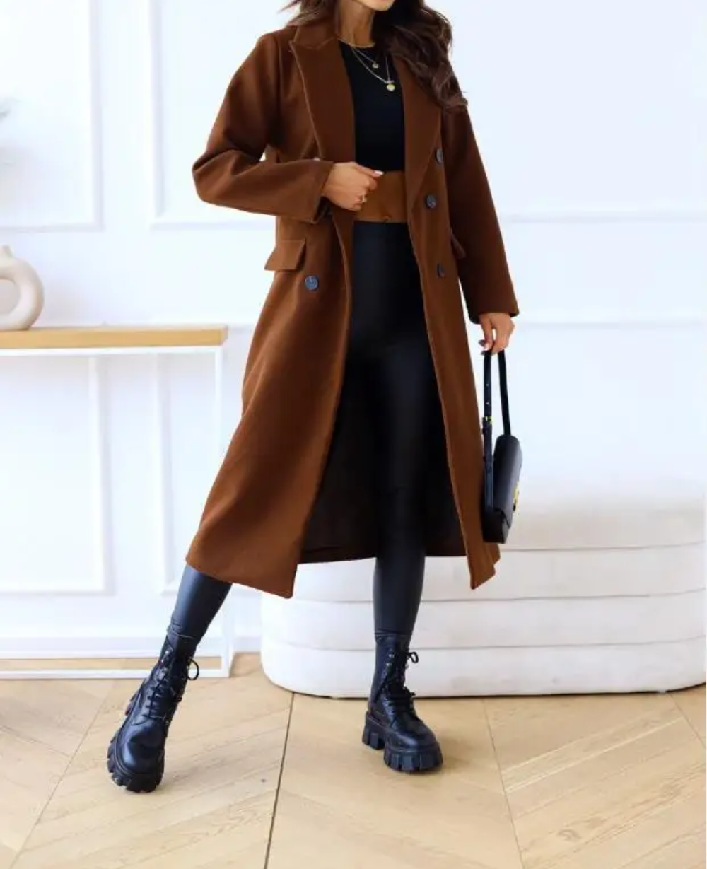 LIVIA - Elegante lange trenchcoat voor dames met dubbele knoopsluiting en getailleerde pasvorm