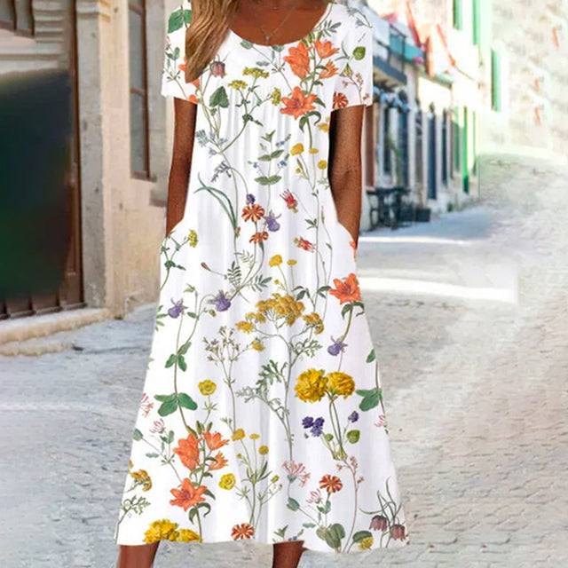 Luchtige dames zomerjurk met bloemenprint en korte mouwen – AMÉLIA BLOOM - Glamorix