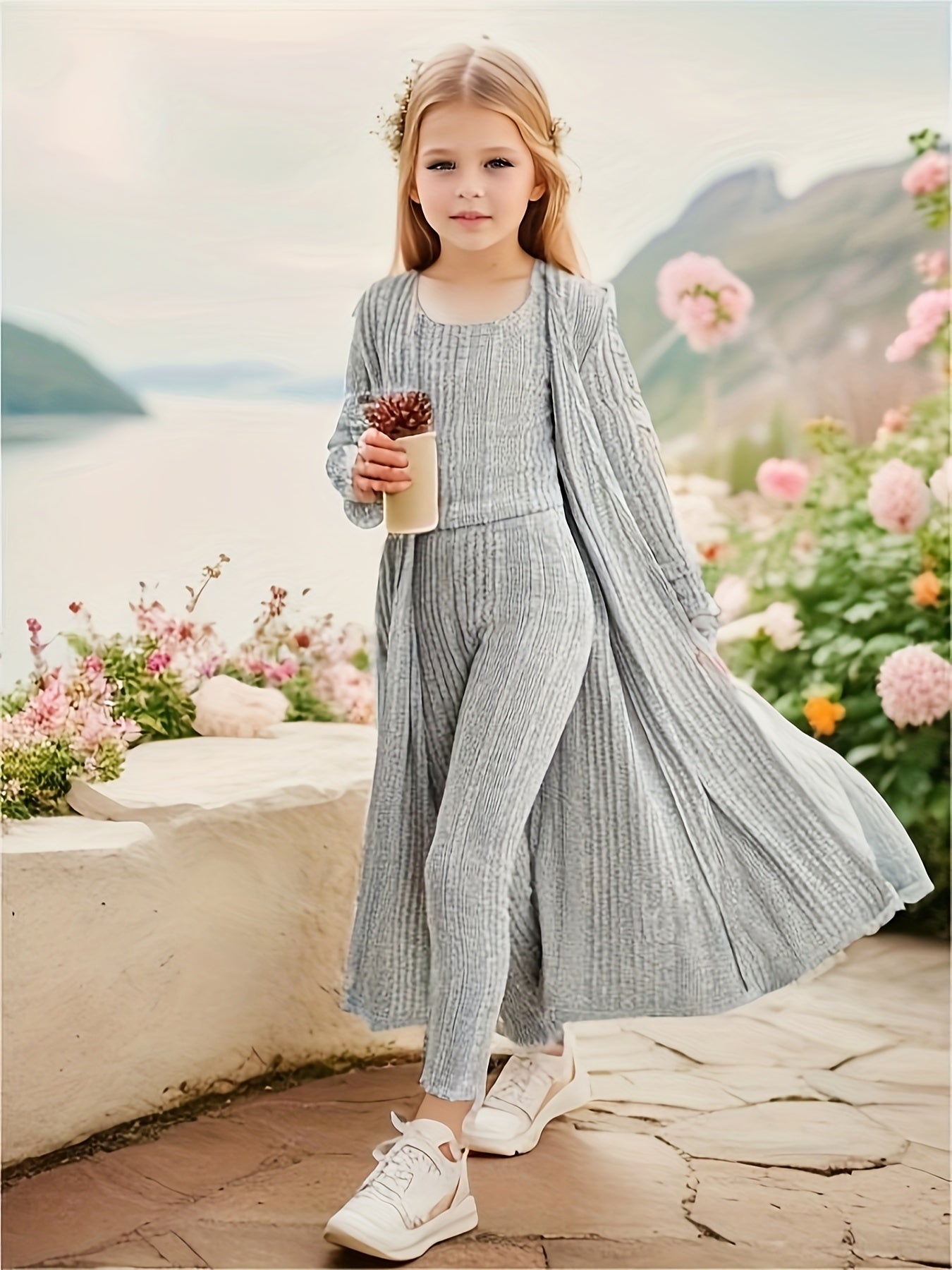 EVA - 3-delige stretchy gebreide set met vest, top en legging voor meisjes