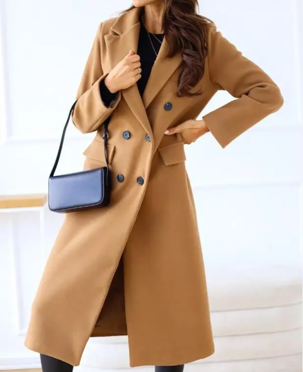 LIVIA - Elegante lange trenchcoat voor dames met dubbele knoopsluiting en getailleerde pasvorm