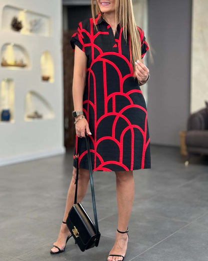 AURELIA – Elegante Midi-Jurk met Reverskraag en Korte Mouwen