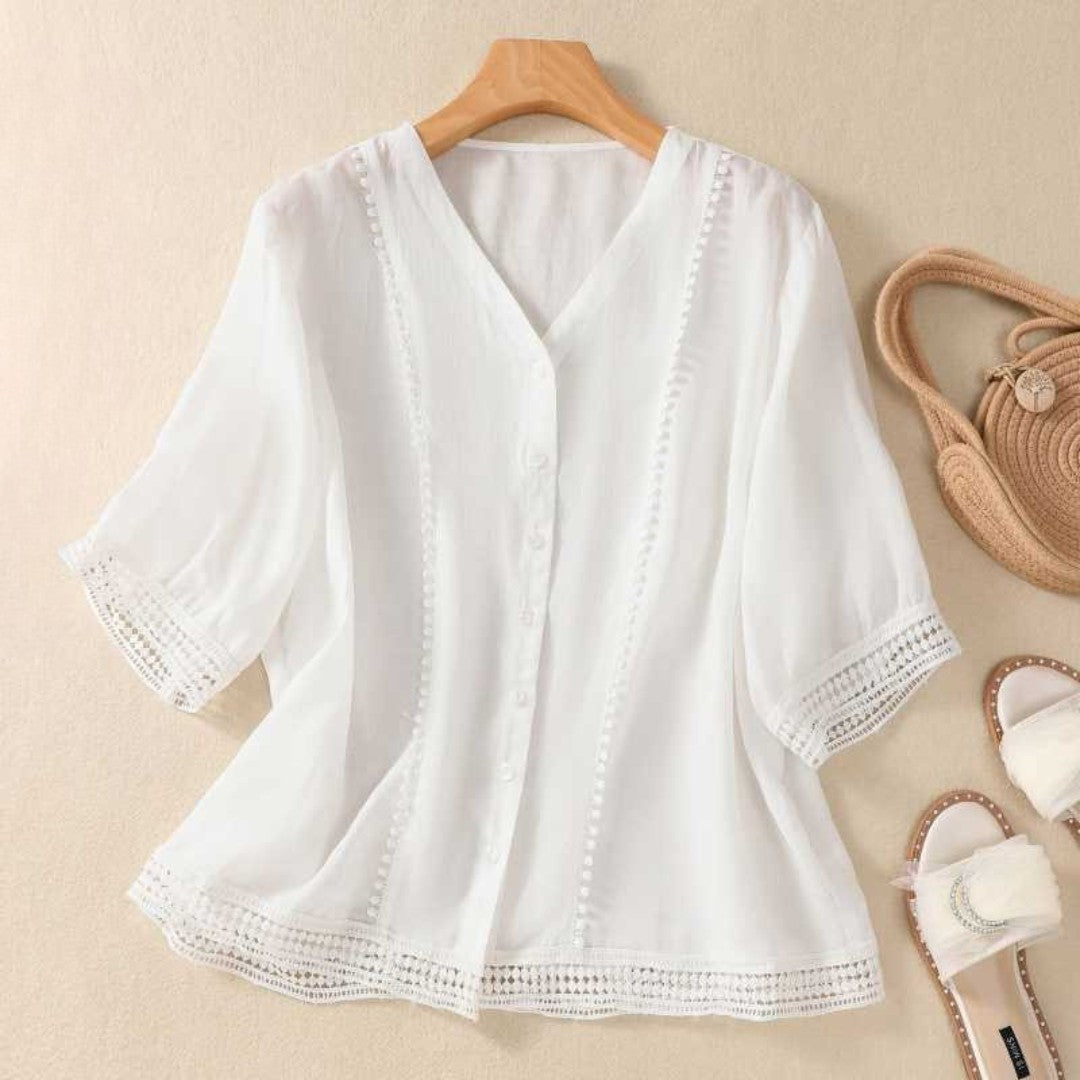 Rhiannon - V-hals knoopblouse met kantdetails voor dames - Glamorix