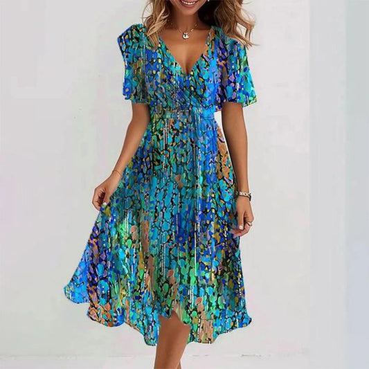 Vrouwelijke midi overslagjurk met luchtige print – FlorivaMuse - Glamorix
