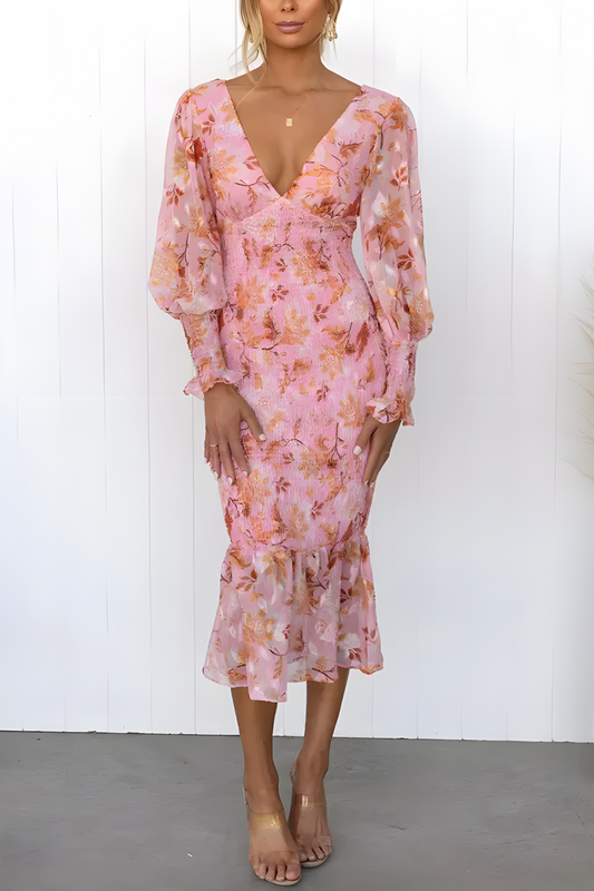Sigrid - Midi jurk met v-hals en pofmouwen - Glamorix