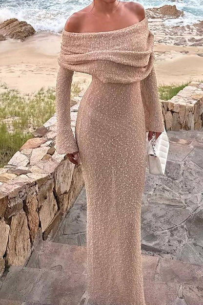 ELARA - Off-shoulder gebreide maxi-jurk met lange mouwen