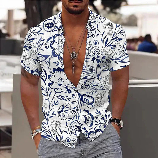 Herenoverhemd met diepe V-hals en gestructureerde print – DARIO VIBE - Glamorix