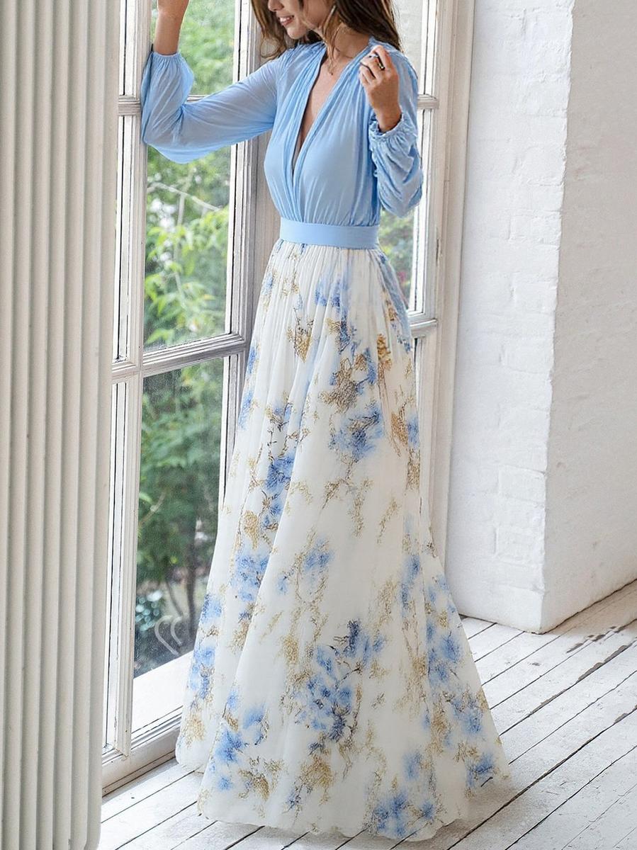 Vrouwen - Lange Avondjurk - Diepe V-hals en Transparante Mouwen - Elegante Maxi Jurk - CATRIONA DRESS - Glamorix