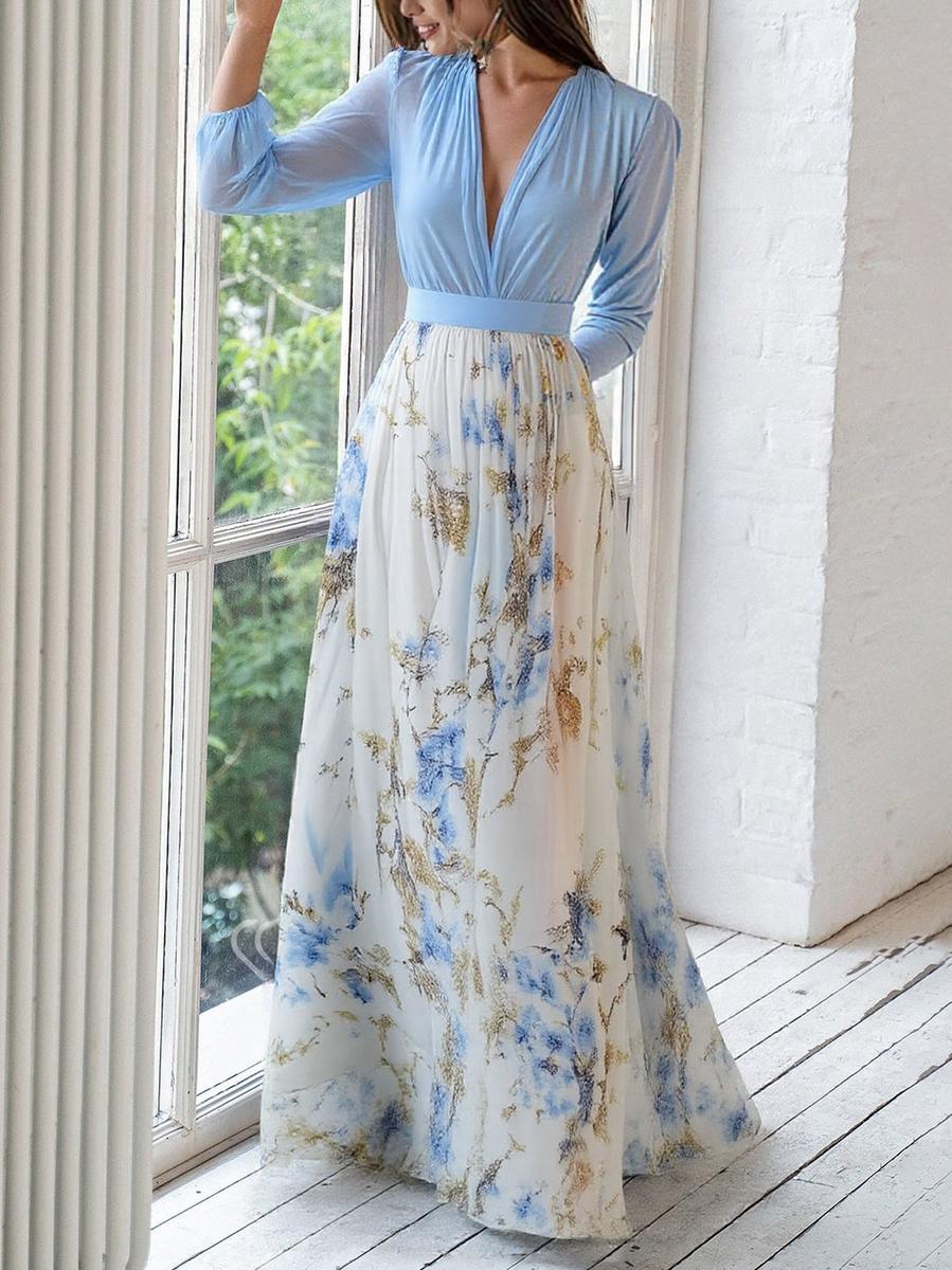 Vrouwen - Lange Avondjurk - Diepe V-hals en Transparante Mouwen - Elegante Maxi Jurk - CATRIONA DRESS - Glamorix