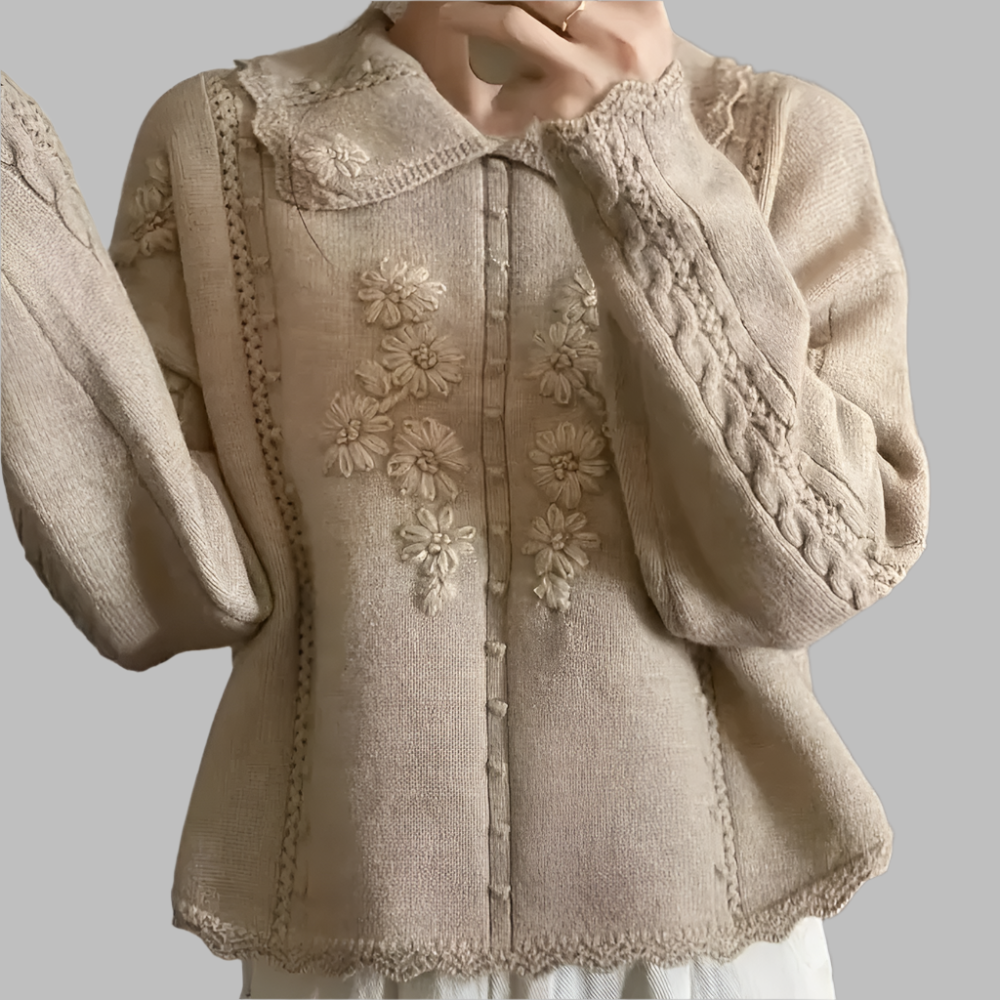 Gebreide damestrui met geborduurde bloemen en zachte pasvorm – FLORIANA BloomKnit - Glamorix