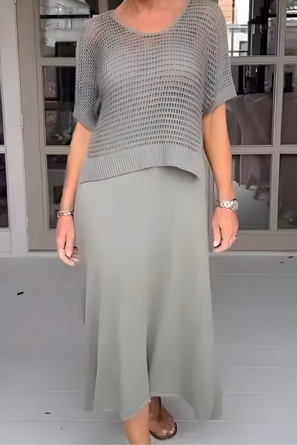 Midi damesjurk met geperforeerde top en zwierige rok – EVELISE BREEZE - Glamorix