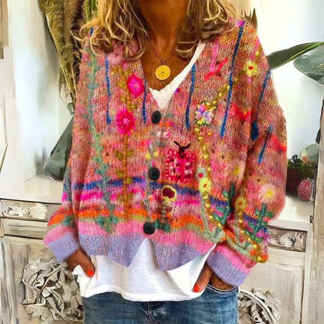 FLORINA - Handgebreid gebloemd vest met knoopsluiting voor dames