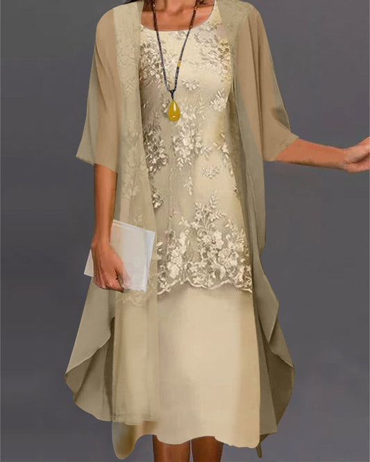 Elegante damesjurk met kanten details en chiffonlaag – ELINORA LACE - Glamorix