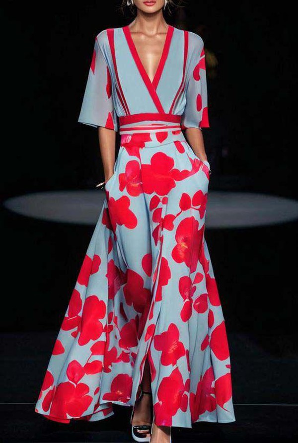 Gebloemde maxi-jurk met V-hals en elegante flow – FLORELLA - Glamorix