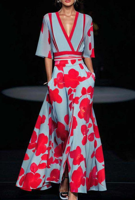 Gebloemde maxi-jurk met V-hals en elegante flow – FLORELLA - Glamorix