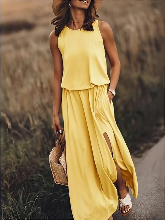 Mouwloze maxi zomerjurk met split en elegante flow – LUNA BREEZE - Glamorix