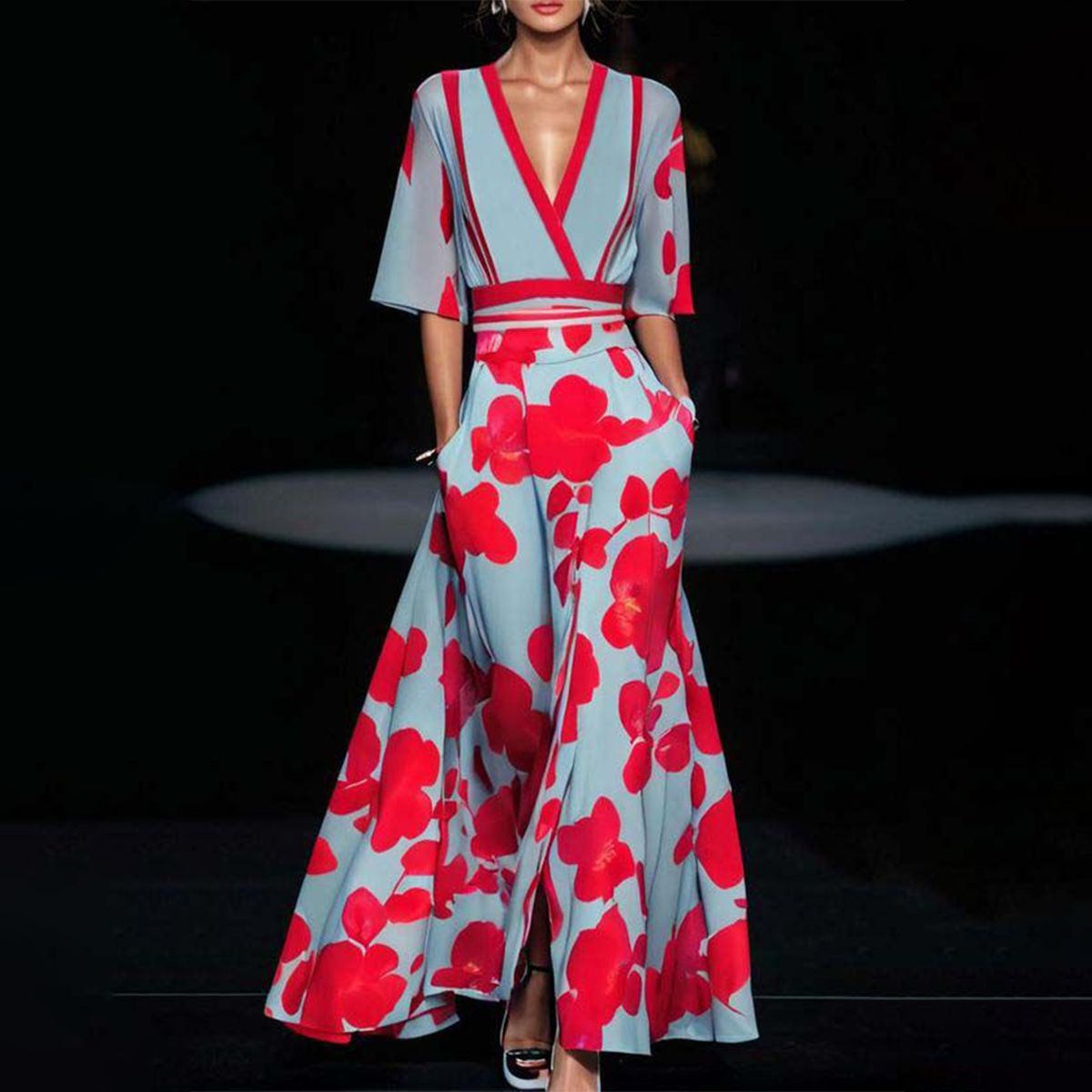 Gebloemde maxi-jurk met V-hals en elegante flow – FLORELLA - Glamorix