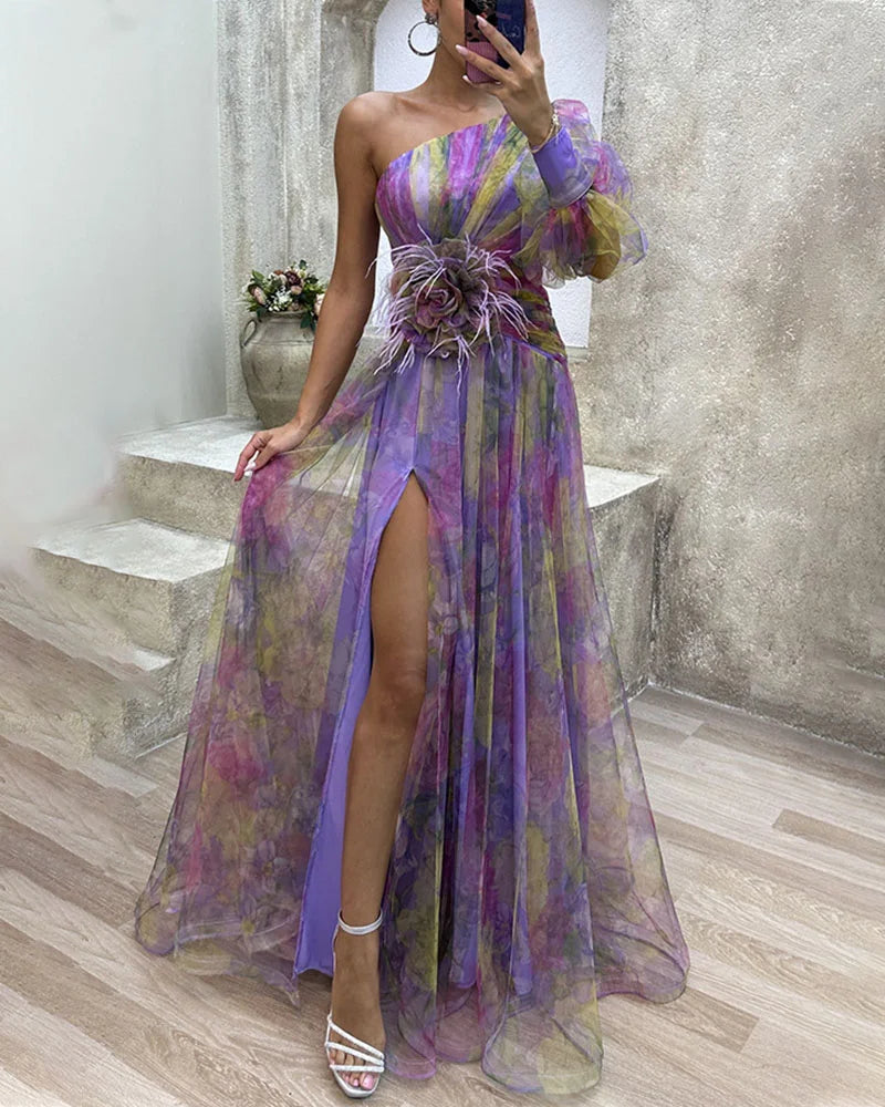 Asymmetrische bloemenjurk met hoge split – FLORELLA - Glamorix