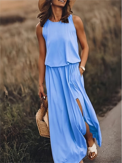Mouwloze maxi zomerjurk met split en elegante flow – LUNA BREEZE - Glamorix