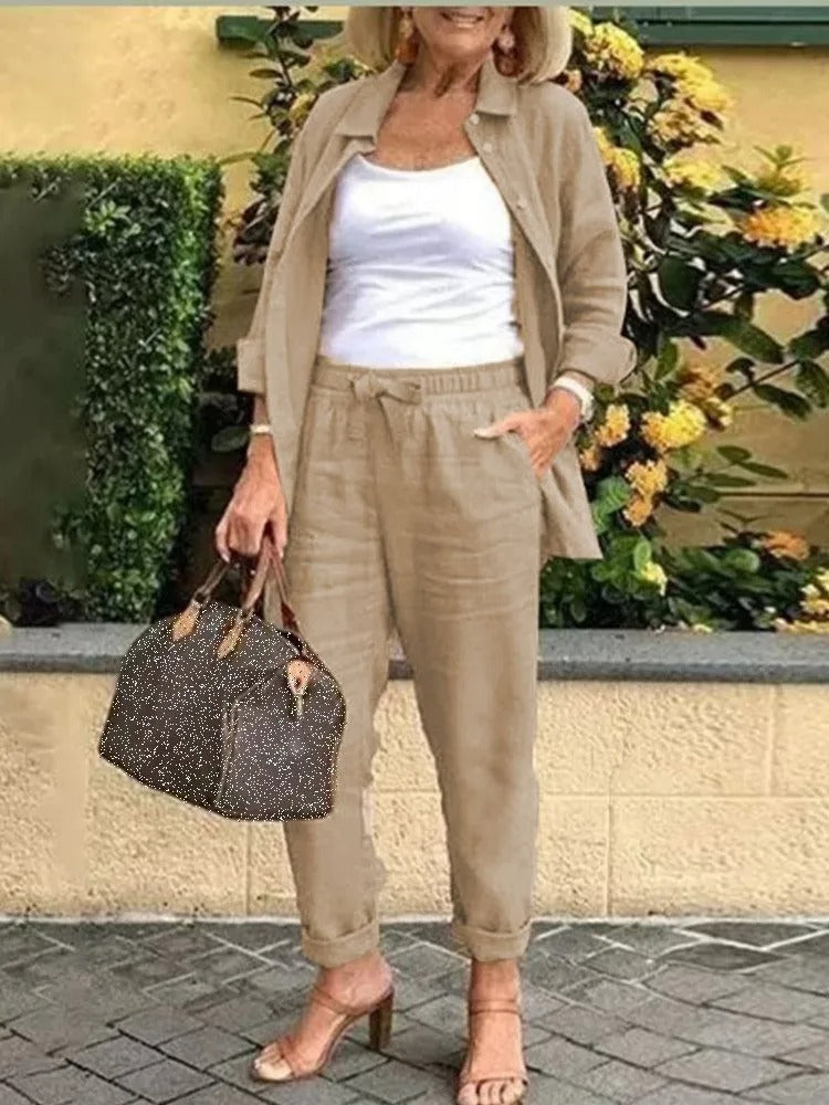 Linnen dames zomer set met korte mouwen en shorts – ZAYLA LINNEN - Glamorix