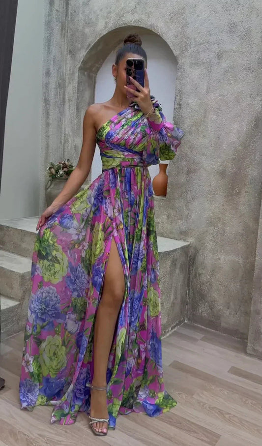 Asymmetrische maxi-jurk met bloemenprint en hoge split – FLORELLA - Glamorix