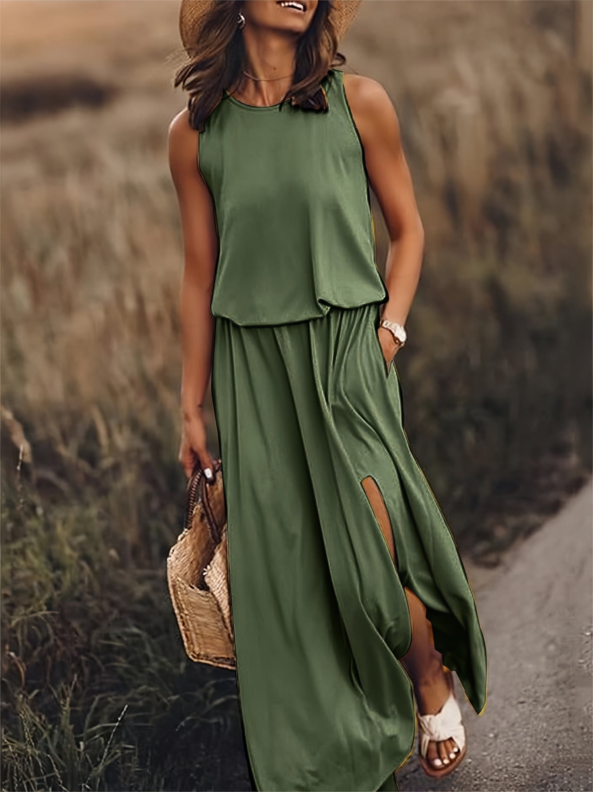 Mouwloze maxi zomerjurk met split en elegante flow – LUNA BREEZE - Glamorix