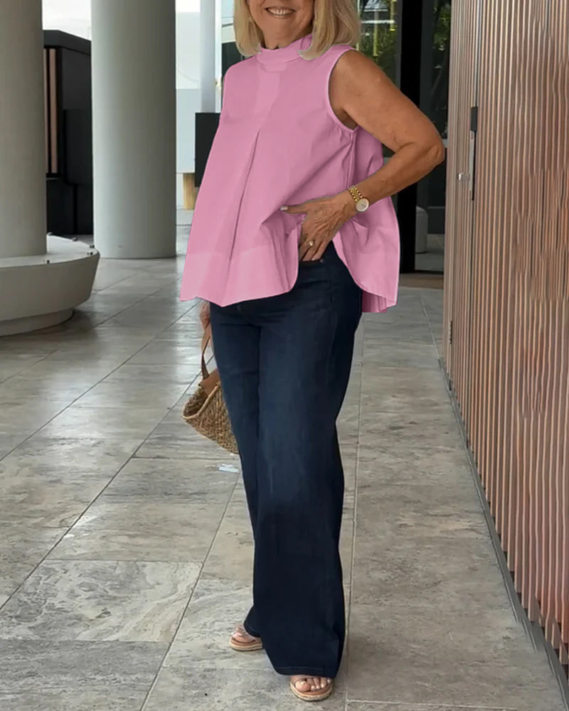 Mouwloze dames top met opstaande kraag en plooidetail – LIVIA HALO - Glamorix