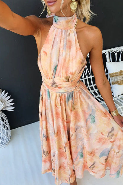Vrouwen - Mouwloze Halterjurk - Elegante Pasvorm - Zomer Look - Zwierige Midi Jurk - Glamorix