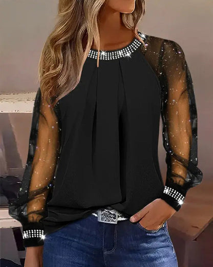 Chique dames top met transparante mouwen en strassdetails – ELENYA SHINE - Glamorix