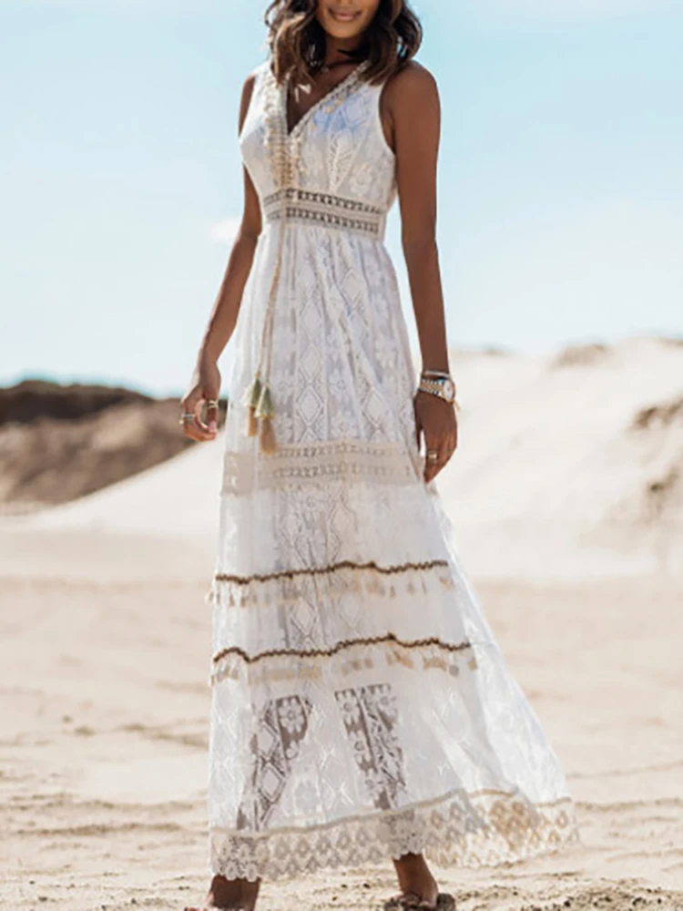 Mouwloze maxi zomerjurk met boho details en luchtige pasvorm – LUNA BOHO - Glamorix