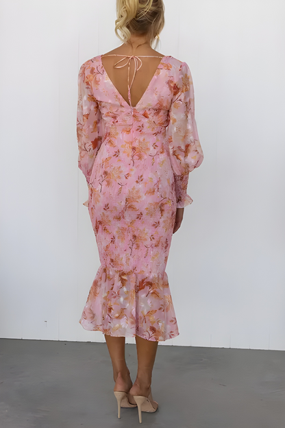 Sigrid - Midi jurk met v-hals en pofmouwen - Glamorix