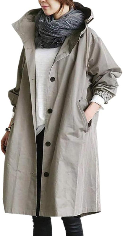 SPRINGGLOW – Lange Trenchcoat met Capuchon en Hoge Kraag voor Dames (Plus Size)