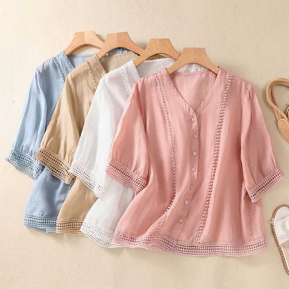 Rhiannon - V-hals knoopblouse met kantdetails voor dames - Glamorix
